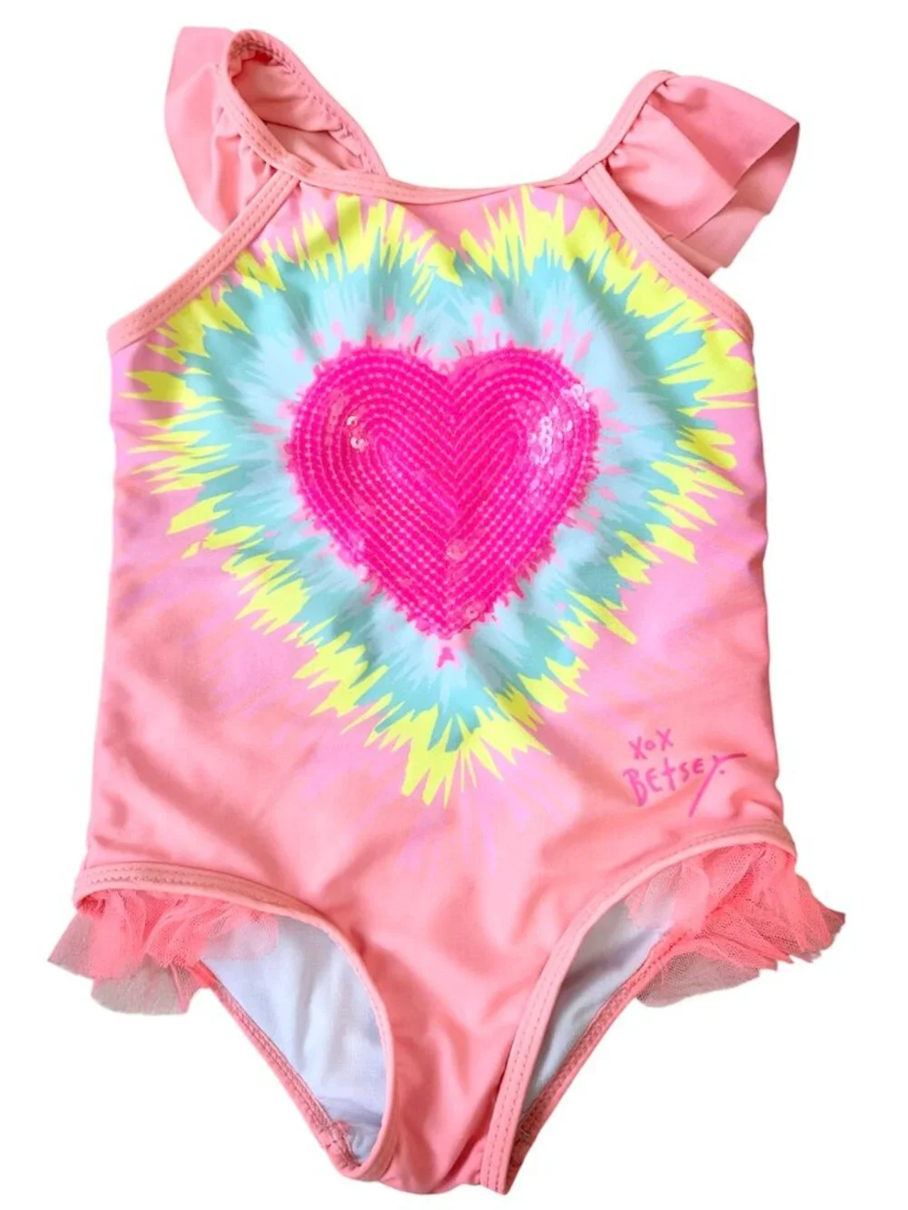 Betsey Johnson Girls One Piece Swimsuit Size 24M Pink with a Heart Applique